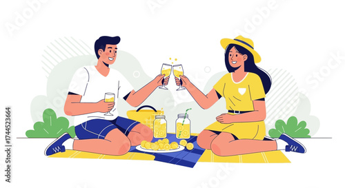 Couple enjoying picnic with lemonade and cheers, summertime fun and leisure activity