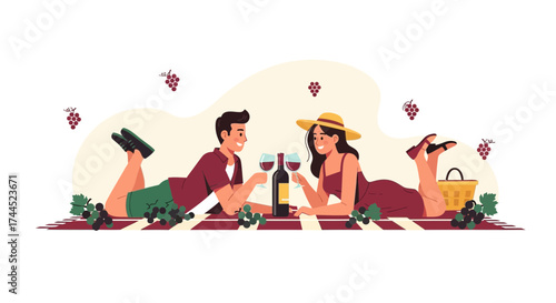 Couple Enjoying Picnic With Wine And Grapes On A Blanket During A Peaceful Day