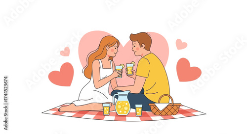 Couple Enjoying Picnic With Refreshments And Hearts Representing Love and Togetherness