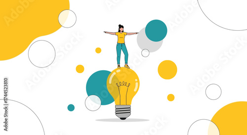 Creative person standing atop a lightbulb expressing an innovative idea in a bright scene