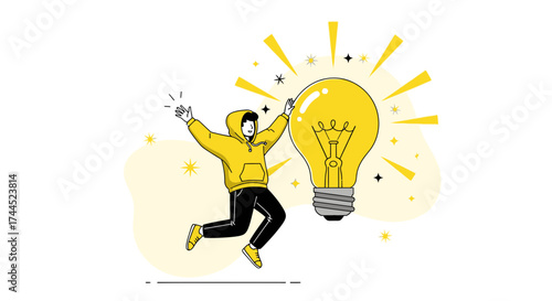 Creative Person Excited About A Bright Idea Represented By Huge Light Bulb Concept