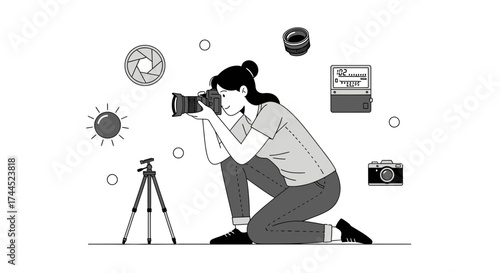 Creative Photographer Capturing An Image With Modern Photographic Equipment Displayed Artistically