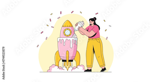 Creative Rocket Cake Decoration Artwork Illustrating A Woman Adding Cream To It