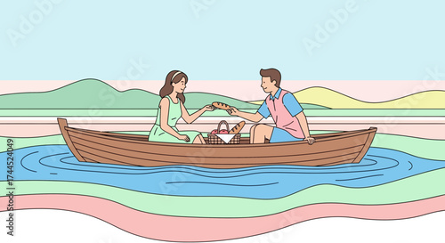 Couple Enjoying Shared Moment With Bread During Boat Picnic On Colorful Water