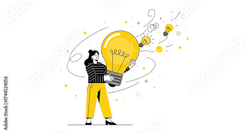Creative Woman Holding Huge Lightbulb Inspiring and Generating New Ideas on White
