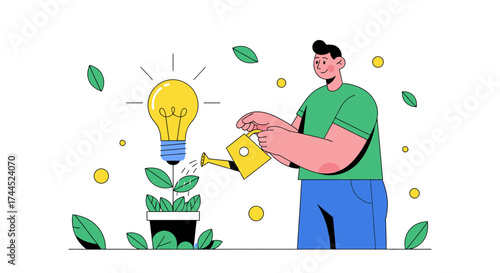 Creative businessman nurturing a lightbulb plant representing growth and innovation