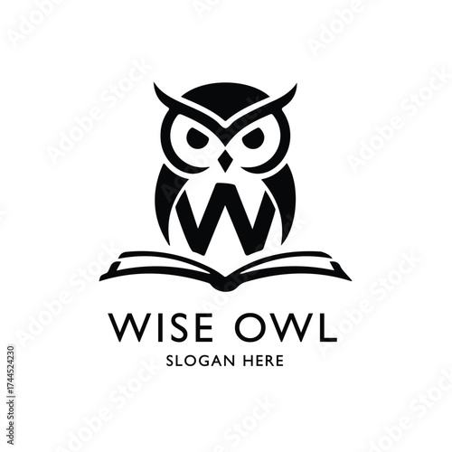 Elegant wise owl perched on an open book, symbolizing knowledge, education, wisdom, and learning, perfect for academic institutions, libraries, tutoring services, or consulting firms