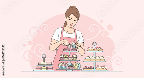 Delightful Baker Composing Tiered Dessert Displays In A Serene, Sweet-Toned Studio