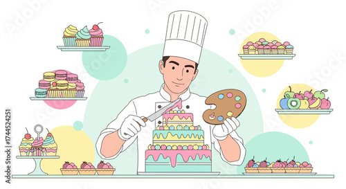 Creative Confectioner Decorating A Multitier Cake With Various Baked Goods Around