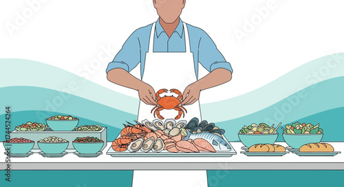 Culinary Artist Preparing Seafood Platter with Delicious Salads and Freshly Baked Bread
