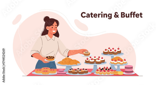 Delightful Buffet Presentation Featuring Various Pastries and A Cheerful Female Server