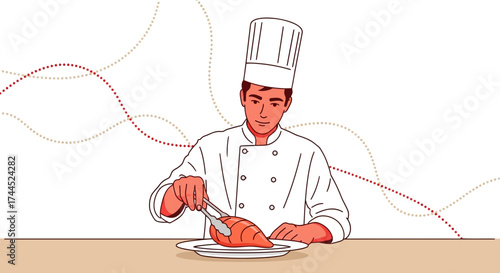 Culinary Artist Presenting Deliciously Prepared Dish on an Illustrated White Backdrop