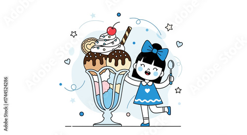 Delightful Cartoon Illustration Of a Cheerful Girl And a Giant Ice Cream Sundae