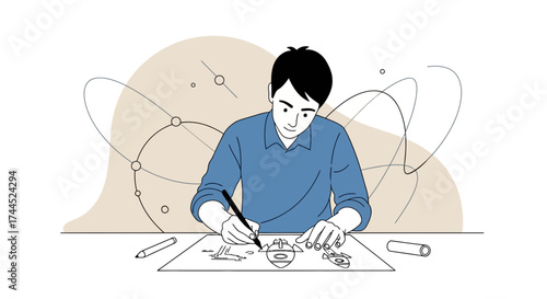 Creative Designer Working on Sketches and Developing Innovative Designs on a White Background