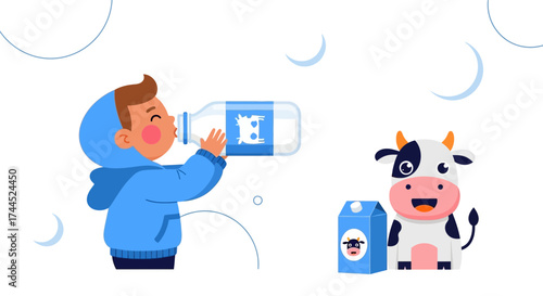 Cute illustration of a boy drinking milk with a cow cartoon for dairy products