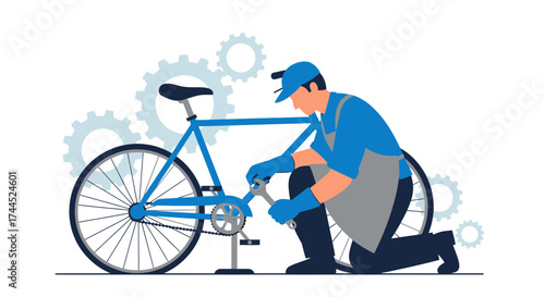 Cycling Technician Fixing A Blue Bicycle, Repairing Cycle In Workshop, Mechanical Work.