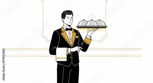 Dapper Waiter Presenting Service, Delivering Under Plated Cuisine Dishes With Elegance