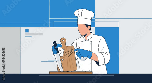Culinary Professional Disinfects Preparing Surface and Utensils for Safe Food Handling Activities