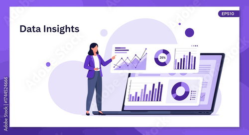 Data insights analytics concept with business woman presenting data on laptop screen