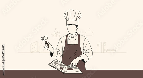 Culinary Professional Examining Textbook And Preparing Modern Cuisine In Kitchen