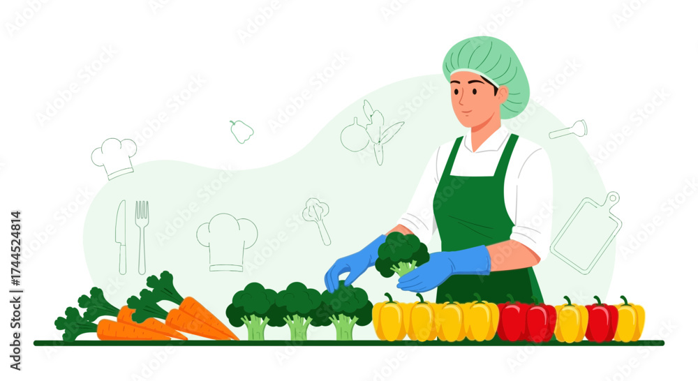Fototapeta premium Culinary Professional Preparing Fresh Produce For Healthy Dishes In The Kitchen