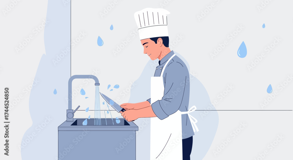 Obraz premium Culinary Skill Showcased Chef's Practice of Knife Cleansing Amidst Water Droplets Accents