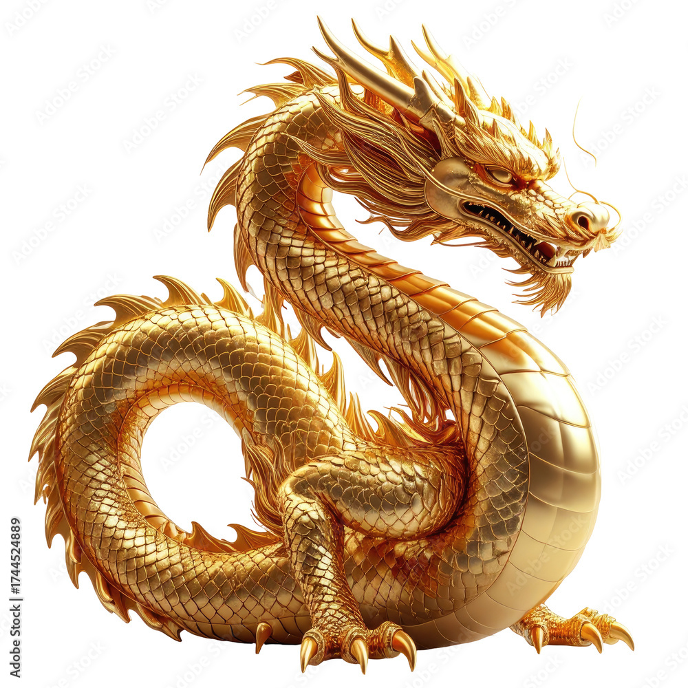 Fototapeta premium Golden Eastern dragon sculpture, detailed, regal pose on black background