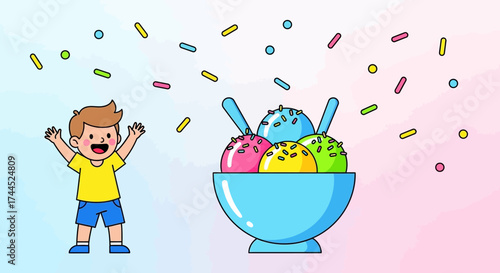 Delighted Boy Reacts to Oversized Ice Cream Sundae with Sprinkles and Colorful Flavors