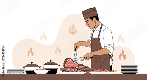 Culinary Professional Slicing Meat at High End Food Service Restaurant with Elegant Flair
