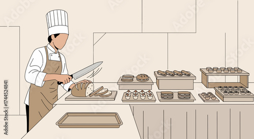 Culinary Specialist Slicing Bread In A Kitchen Preparing Buffet Setup For Guests