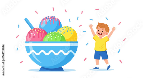 Delighted Child Celebrates Delicious Ice Cream Sundae With Colorful Sprinkles