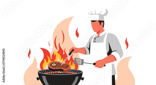 Culinary Specialist Grilling Steak Over Open Flame On A Hot Barbecue In The Summer Outdoors