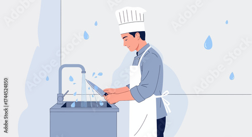 Culinary Skill Showcased Chef's Practice of Knife Cleansing Amidst Water Droplets Accents