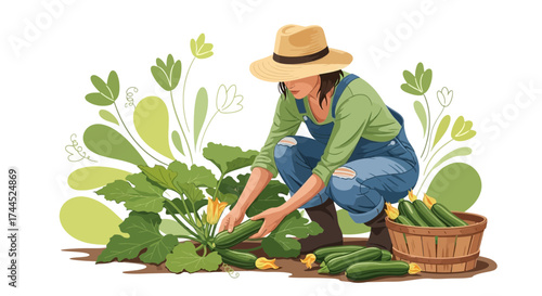Cultivating Bounty: Harvesting Zucchini, Reflecting Organic Farming Practices in Illustration