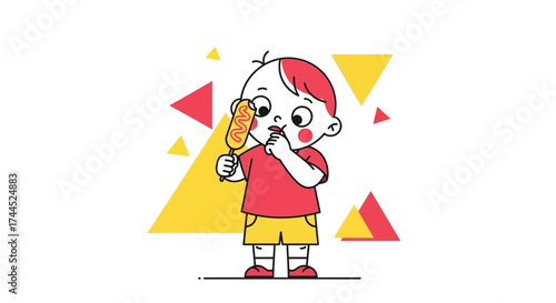 Curious Child Contemplating a Corn Dog, Simple Vector Illustration with Geometric Shapes