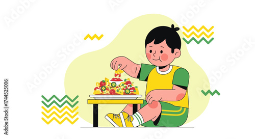 Delighted Child Enjoying A Generous Portion Of Delicious Nachos In Animated Illustration Style