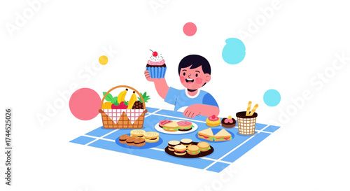 Delighted Child Enjoying a Mealtime Feast with Fruits and Delicious Baked Goods