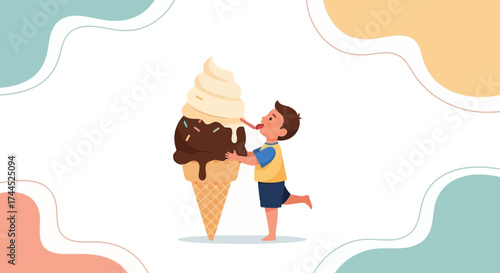 Delighted Child Enjoys Giant Ice Cream, Delightful Sweet Treat, Summer Season Pleasure