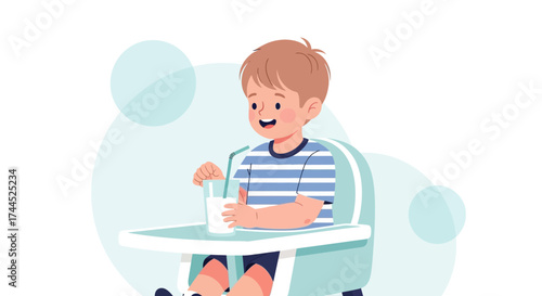 Delighted Toddler Drinking Milk, Securely Seated in a High Chair, Enjoying a Refreshing Drink