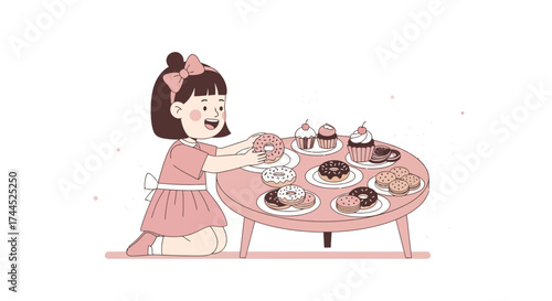 Delighted Little Girl Reaches For Donuts And Sweet Treats On A Table
