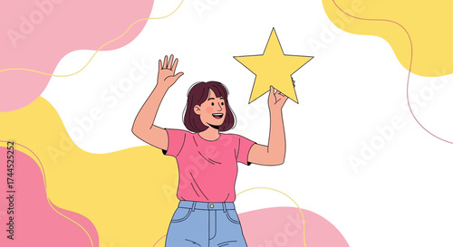 Delighted Woman Holding a Golden Star Demonstrating Achievement and Recognition Graphics
