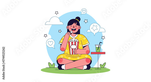 Delighted Woman Sitting, Savoring Popcorn and Refreshment Under a Serene Sky
