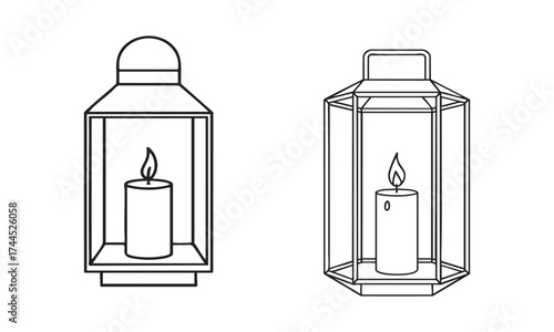 Traditional lantern with candle flame in old sketch style