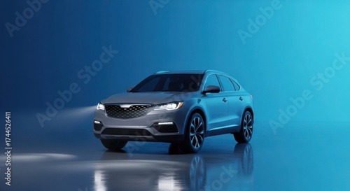 Modern Grey SUV with Headlights on Standing Against a Dramatic Blue Studio Background