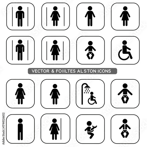 Collection of restroom and accessibility icons in black and white.