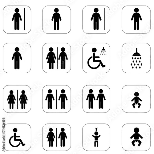 Collection of restroom and accessibility signs in a grid layout.