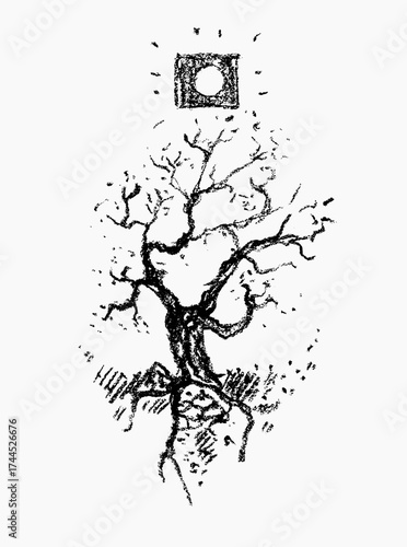 Mystical charcoal sketch of a gnarled, bare tree and roots with a symbolic glowing sun/portal. Dark, hand-drawn, isolated vector art