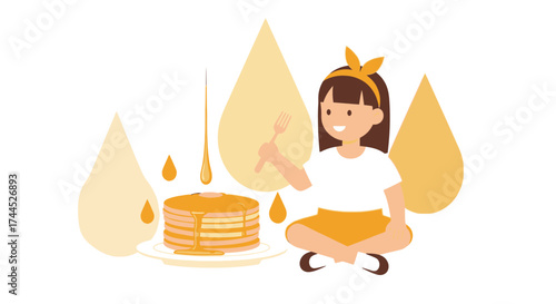 Delightful Feast: Girl Relishing Pancakes Drizzled With Syrup, Ready To Be Eaten