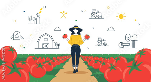 Depiction Of Tomato Harvest Season With A Farm Worker Holding Fresh Tomatoes Perfectly