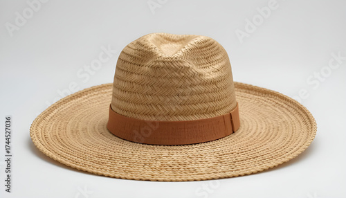 Woven straw hat with wide brim and natural fibers, placed on a simple white background.